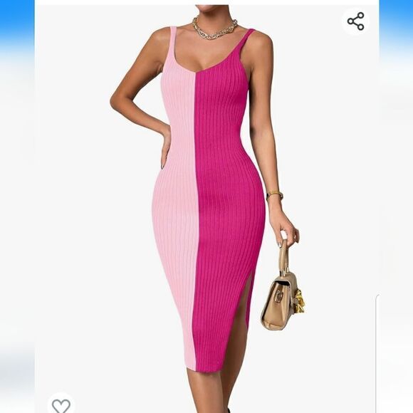 Women's 2023 Bodycon Midi Dress Colorblock Ribbed Knit Dress Pink med nwot - Picture 11 of 11